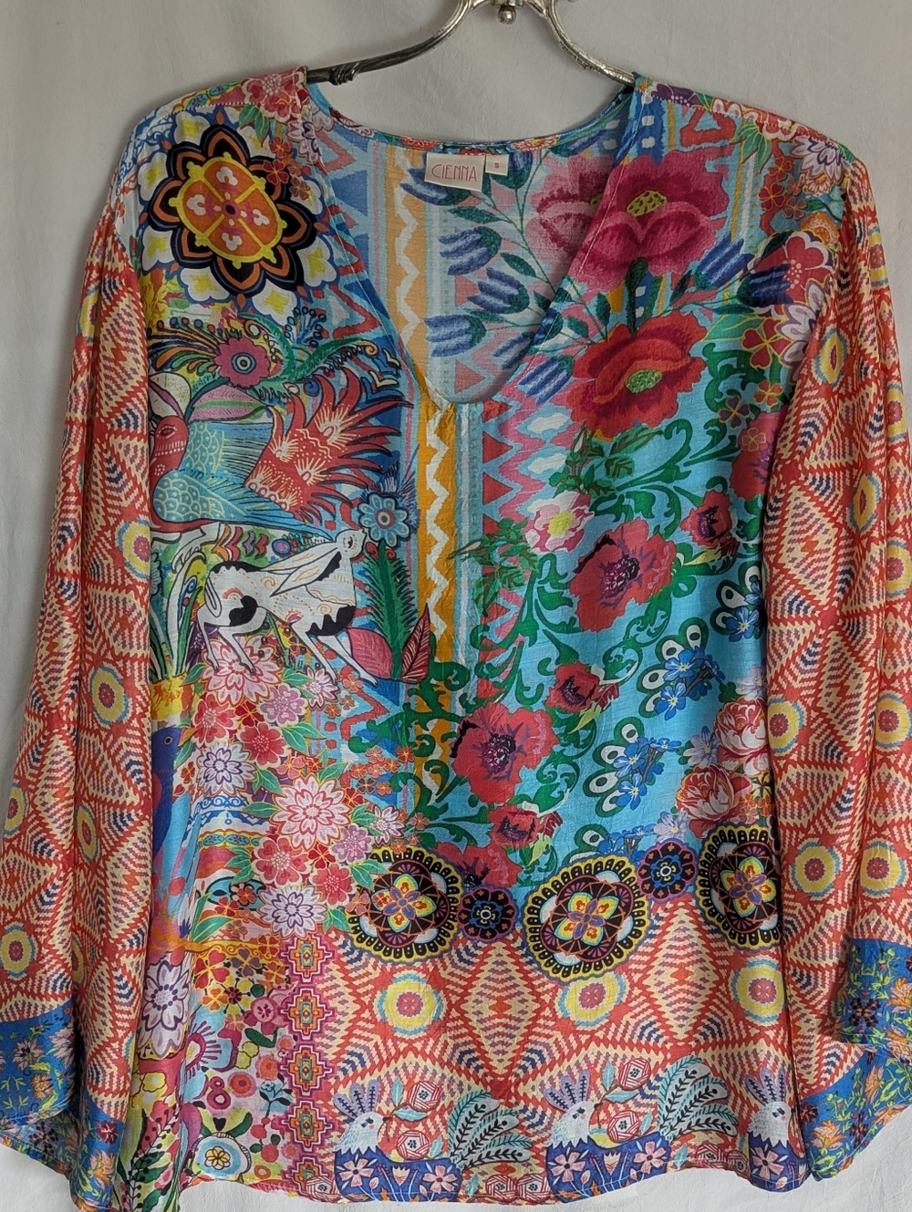 Cienna Designs Colorful Silk Viscose Floral Kimono Sleeves Tunic Top Sz S/M